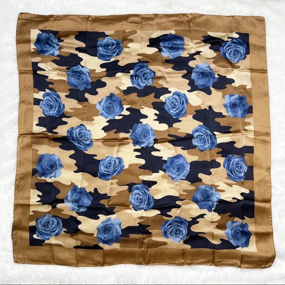 Frangi 100% Silk Brown Camouflage & Blue Roses Square Neck Scarf